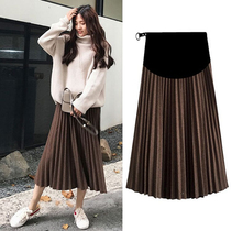 Pregnant women autumn and winter woolen medium long belly A- shaped tide mother wear pleated skirt fashion skirt winter dress