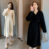 Pregnant women autumn dress 2020 Autumn Winter new style sweater skirt Pearl ruffled long dress spring and autumn skirt