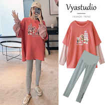 Pregnant womens autumn suit fashion 2020 stitching sweater Net red two-piece foreign style dress spring and autumn