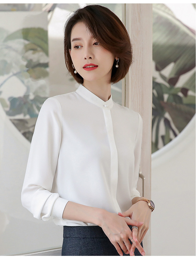 新款 高品雪纺立领子衬衫女长袖职业衬衣时尚气质宽松立领上衣