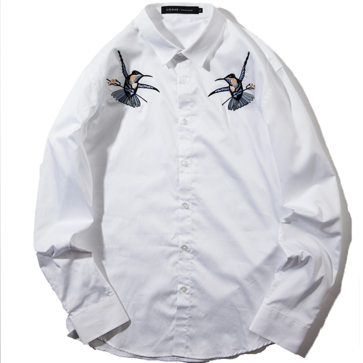 uoohe2017春季新款衬衫 时尚蜂鸟元素刺绣衬衣 潮男纯棉长袖衬衫
