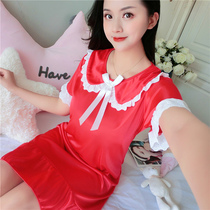 Ice Silk Sleeping Skirt Woman Summer Han Edition Lace Thin short sleeves Sexy simulation Silk pregnant woman Big code Home Sleeping Clothes