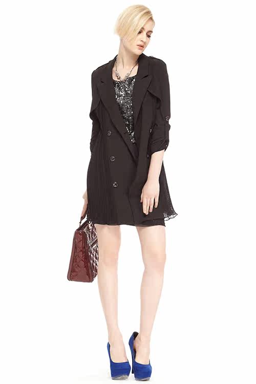 esce la v 伊诗夏兰薇 春季新品弹力乱麻压摺风衣4md383g518