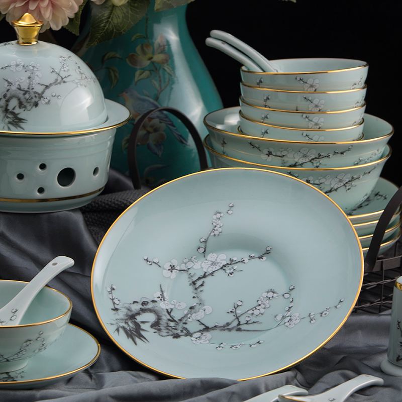 Chinese tableware suit household colored enamel porcelain bowl celadon dishes suit jingdezhen celadon jade porcelain tableware