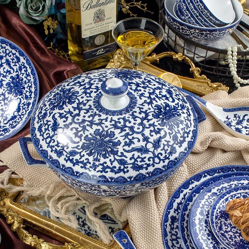 Jingdezhen blue and white porcelain dish suits for under the glaze color dishes household of Chinese style ceramic tableware, 72 head of archaize tableware