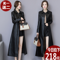 2022 Spring and Autumn New Haining Leather Dress Womens Long Lapel Slim Temperament Leather Trench coat Oversized Over-the-Knee Jacket