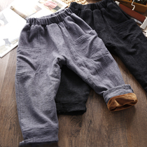 Childrens pants boys cotton linen plus velvet trousers wear autumn and winter clothes 2020 new Korean tide girls jacquard cotton pants