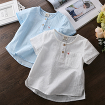 Childrens cotton linen short sleeve T-shirt children summer shirt boys casual top baby thin white shirt