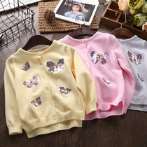 Girls sweater cardigan girl baby cotton knitwear cotton sweater sequins thin outside childrens spring and autumn coat