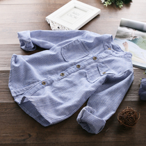 Clearance girls blue striped shirt cotton linen boy stand collar shirt 2021 Spring and Autumn Korean children long sleeve shirt
