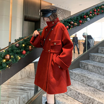 2021 autumn and winter New popular red Hepburn style double-sided cashmere coat womens long wool woolen coat tide