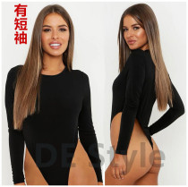 Pure cotton high split crotch female sense T-long-sleeved skin tone triangle one-piece round neck open waist T-shirt practice suit