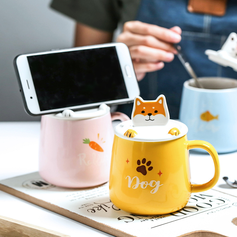 手機架馬克杯帶蓋勺創意個性潮流可愛卡通陶瓷杯子家用辦公室水杯