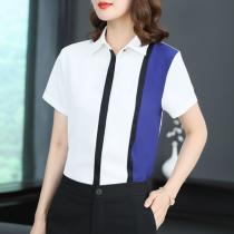 Phoenix color fashion contrast color stitching white shirt women short sleeve 2021 summer new professional chiffon shirt women thin