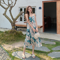 Sanya tourism seaside resort style color ink folds niche design sense French floral suspender sleeveless dress summer