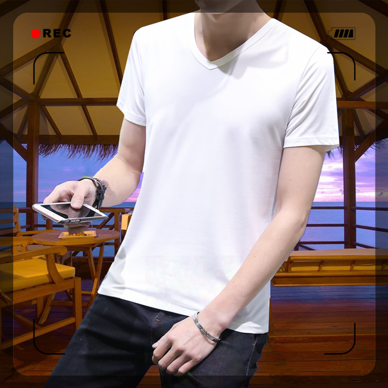 Heat transfer pure white men's short sleeve T-shirt custom V-neck half sleeve large size base advertising shirt 9 9 wholesale