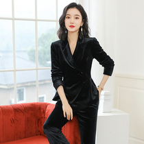 2021 autumn and winter professional clothes womens set temperament fashion high-end goddess fan gold velvet hotel waiter work clothes