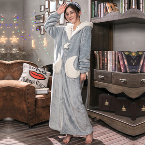 秋冬季星星月亮睡袍女加厚长款珊瑚法兰绒睡裙情侣睡衣浴袍男冬天