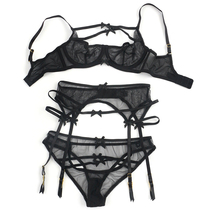 Sexy thin French underwear Summer garter perspective temptation gathered hollow bra three-piece suit