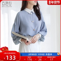 Bai Luoan fashion contrast lapel shirt top women women 2022 spring new commuter OL simple long sleeve shirt