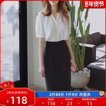 Bai Luo An V-Collar Loose Shirt Han Fan Top 2021 Summer New Short Sleeve Chiffon Shirt