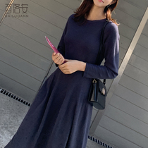 Bai Luoan waist slim round neck long sweater womens new Korean long sleeve waist knitted dress dress