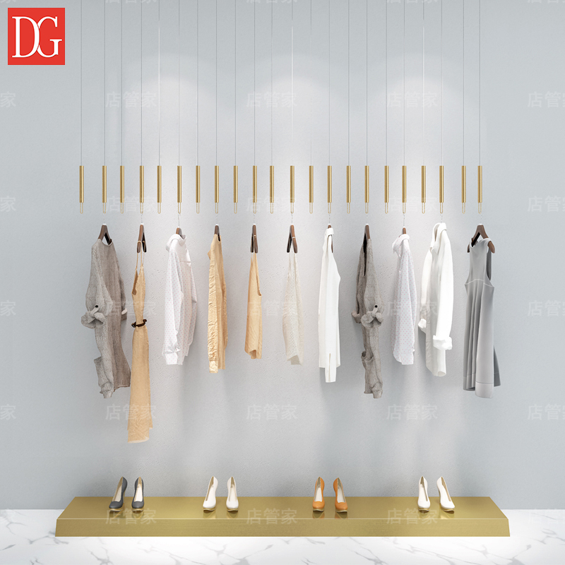 Clothing store ceiling suspension frame hanger hanging ring on the wall clothing display stand stainless steel brushed gold hanging display rack