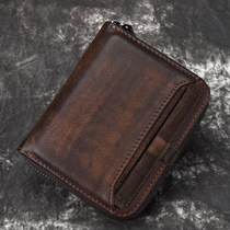 Vintage leather mens old short wallet handmade zipper wallet Head layer cowhide large capacity womens wallet