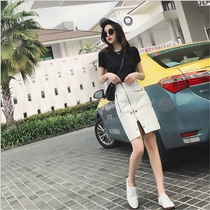 2021 summer new womens foreign style suit slim short sleeve black top denim zipper skirt retro two-piece set