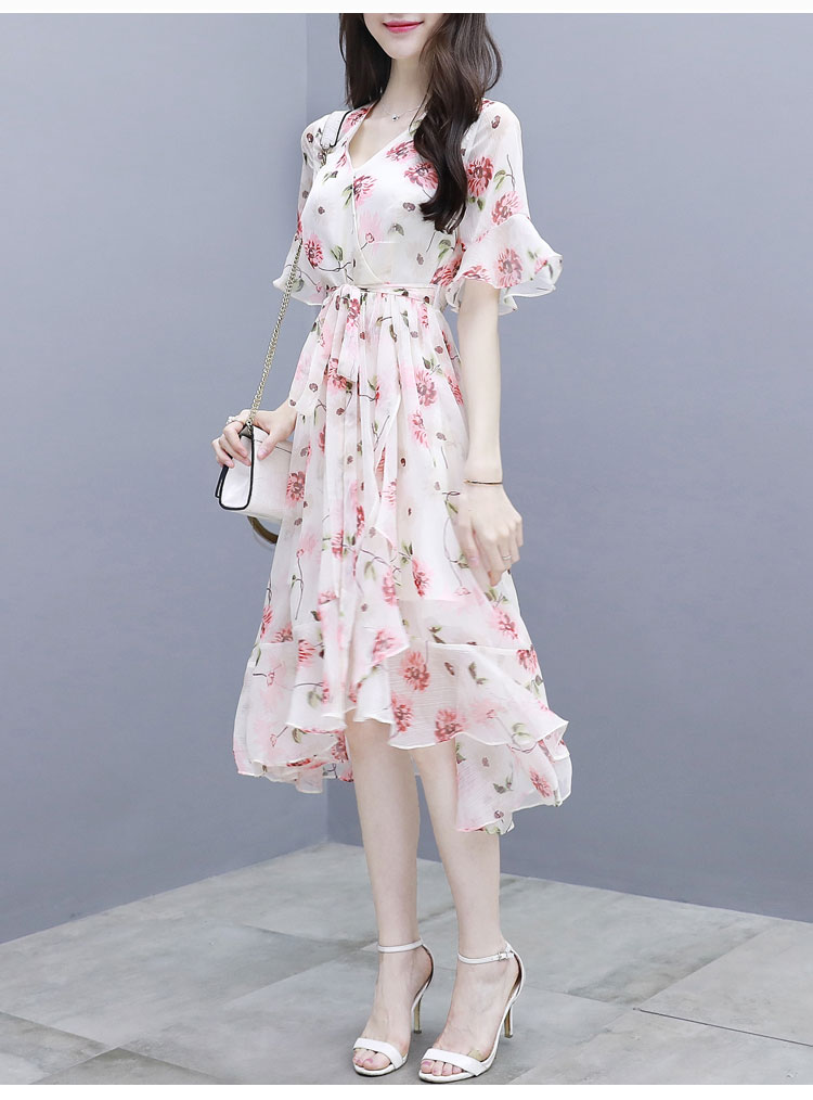 2018夏季新款女装修身中长款雪纺印花v领仙女裙气质名媛连衣裙女