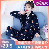 Korean version of the long section of autumn and winter thickened coral velvet womens nightgown warm nightgown mens large size flannel bathrobe