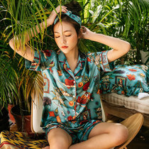 Naomi 2018 spring and summer new short-sleeved shorts pants womens big flower simulation silk slip pajamas home service suit