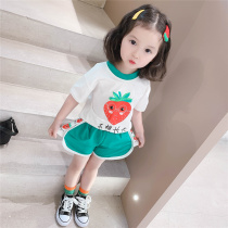  Girls  sports suit 2021 summer new childrens female baby western style Korean short-sleeved shorts two-piece casual