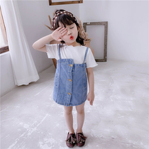 Girls summer clothes 2021 small and medium-sized virgin baby T-shirt bottoming shirt Western style baby childrens clothing Denim strap skirt