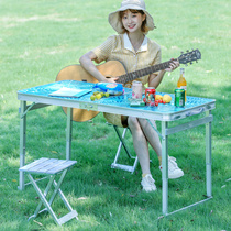 Blue language outdoor folding table stall push folding table Simple household small table Portable folding dining table and chair