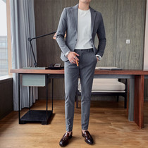 European station mens solid color suit two-piece Korean tide slim embroidery dark gray business casual suit suit set