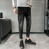 Hong Kong Tide brand high-end casual washed jeans men Korean slim trousers cat beard black little pants