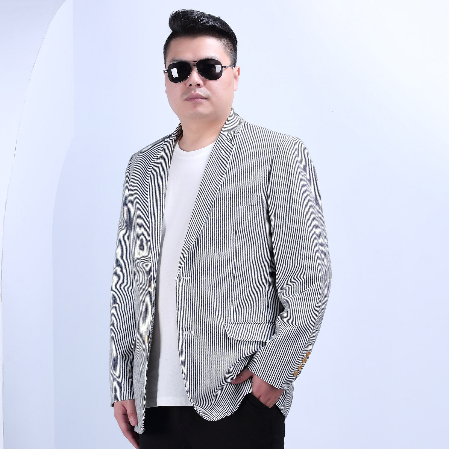 eamax大码男装 春秋胖子加肥加大码男士西服纯棉条纹西装外套x11