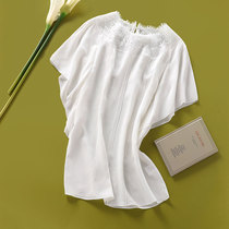 Neckline collared eyelash lace details very delicate real silk ladies loose bat short sleeves black and white blouses 67376