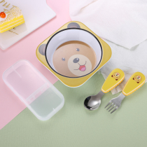 304 stainless steel spoon fork bowl set childrens tableware anti-fall cartoon auxiliary food bowl Baby learn to eat training spoon