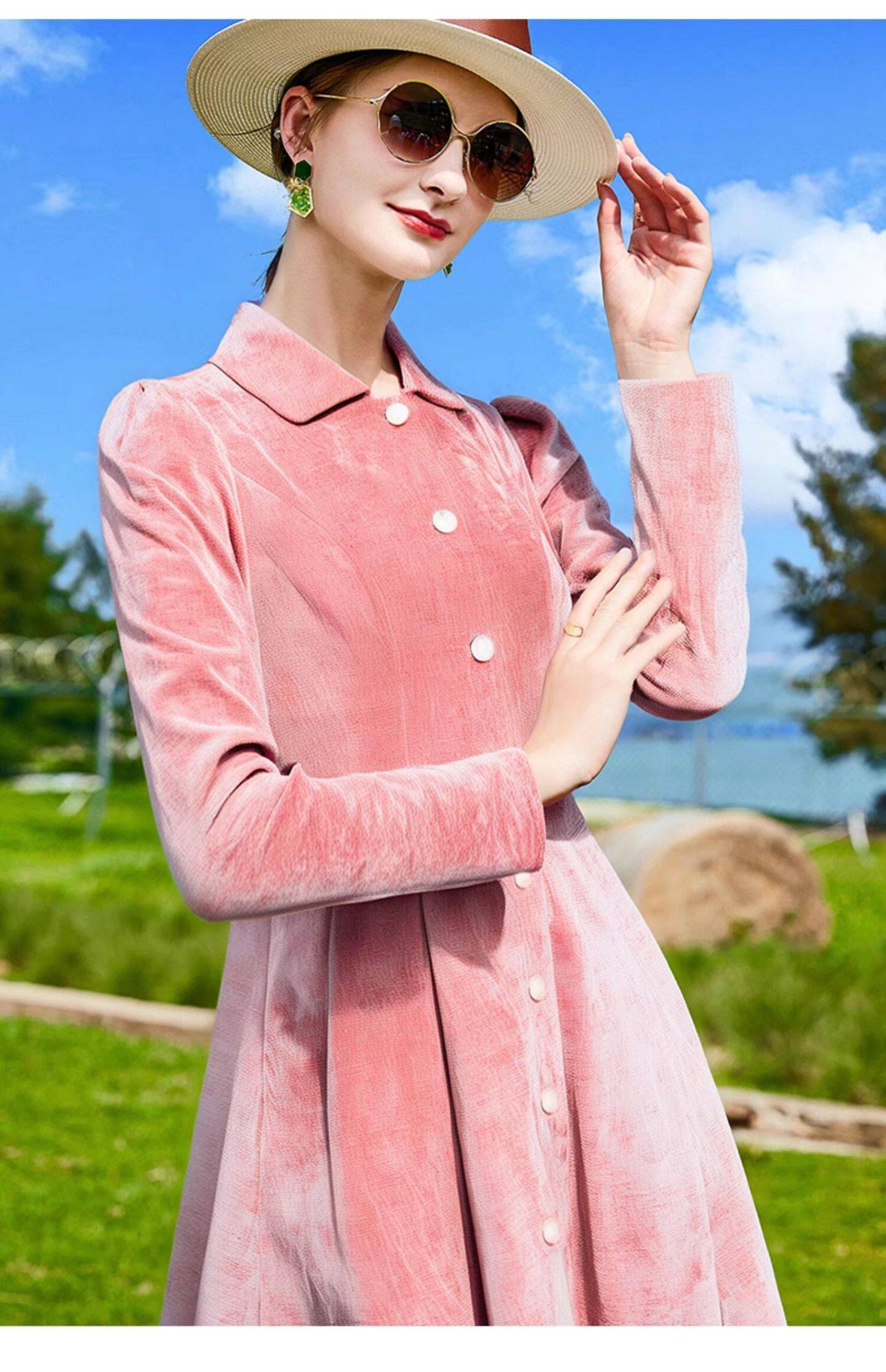 帝弗润驰春季新款粉色时尚气质丝绒连衣裙女加厚保暖修身长裙