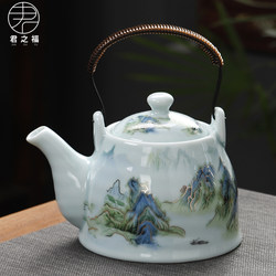 High-temperature-resistant ceramic teapot, large capacity with filter, handle teapot, blue and white porcelain household tea set, single pot