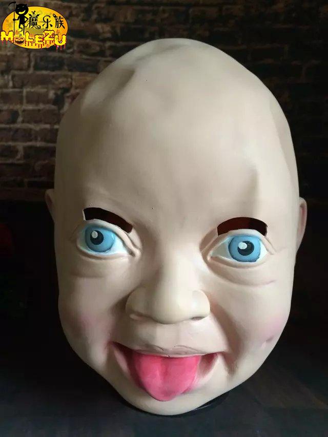 逼真微笑哭泣婴儿面具全头哭脸娃面具头套万圣节派对鬼屋恐怖面具