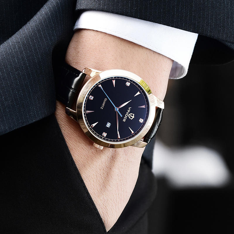 威诺时手表男时尚潮流时装腕表防水真皮带休闲简约男士手表石英表