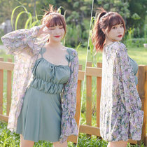 Large size swimsuit female sexy 200kg fat mm belly thin Conservative split skirt long sleeve smock holiday hot spring