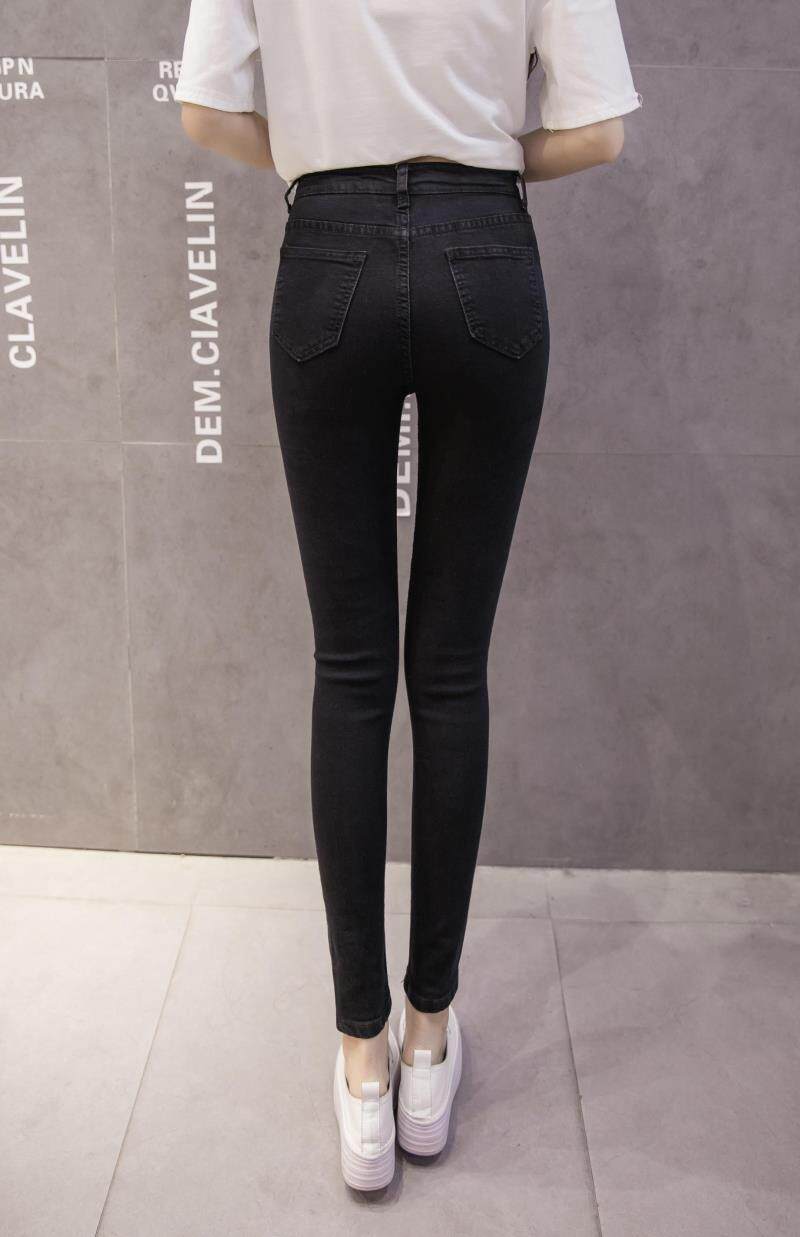 韩版黑色破洞牛仔裤女春季九分学生高腰弹力修身小脚显瘦铅笔裤子