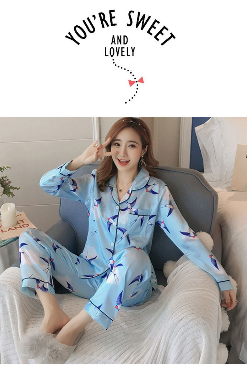 睡衣女长袖春秋季薄款冰丝质凉滑丝绸少女真丝绸开衫家居服套装