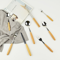 Day Style Wood Handle Stainless Steel Steak Knife Fork Spoon Non-slip Home Chopsticks Spoon Suit Creative Cute Fruit Fork