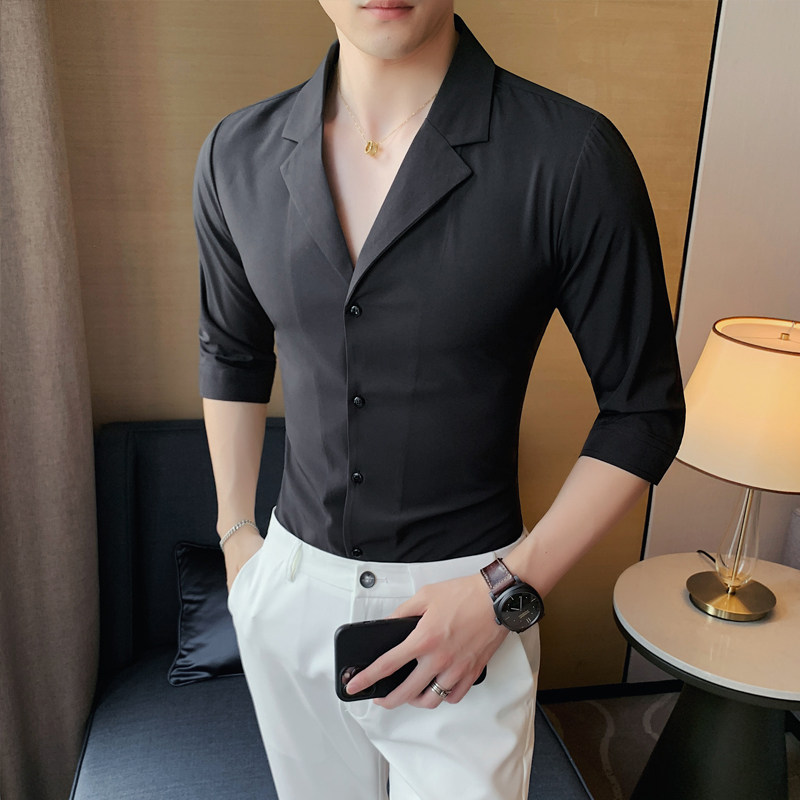 男夏装新款纯色中袖衬衫潮流西装领衬衣韩版v领衬