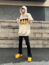 High street new autumn retro American street hip-hop oversize flame letters hooded loose sweater for men and women